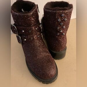 Ross & Snow women wine leather sparkle waterproof biker Stefana boots size 7.5